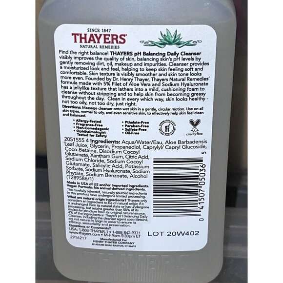 NEW THAYERS pH Balancing Daily Cleanser Face Wash w/Aloe Vera Natural 8 Fl Oz - Picture 5 of 5